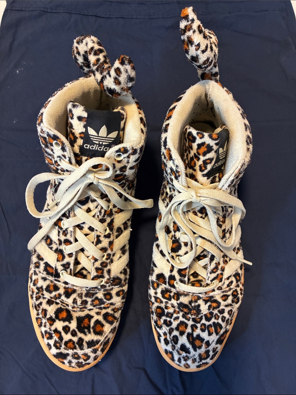 Adida’s Jeremy Scott Leopard Print Men’s High-Top Sneakers in Beige/Black/Orange - Picture 1 of 6